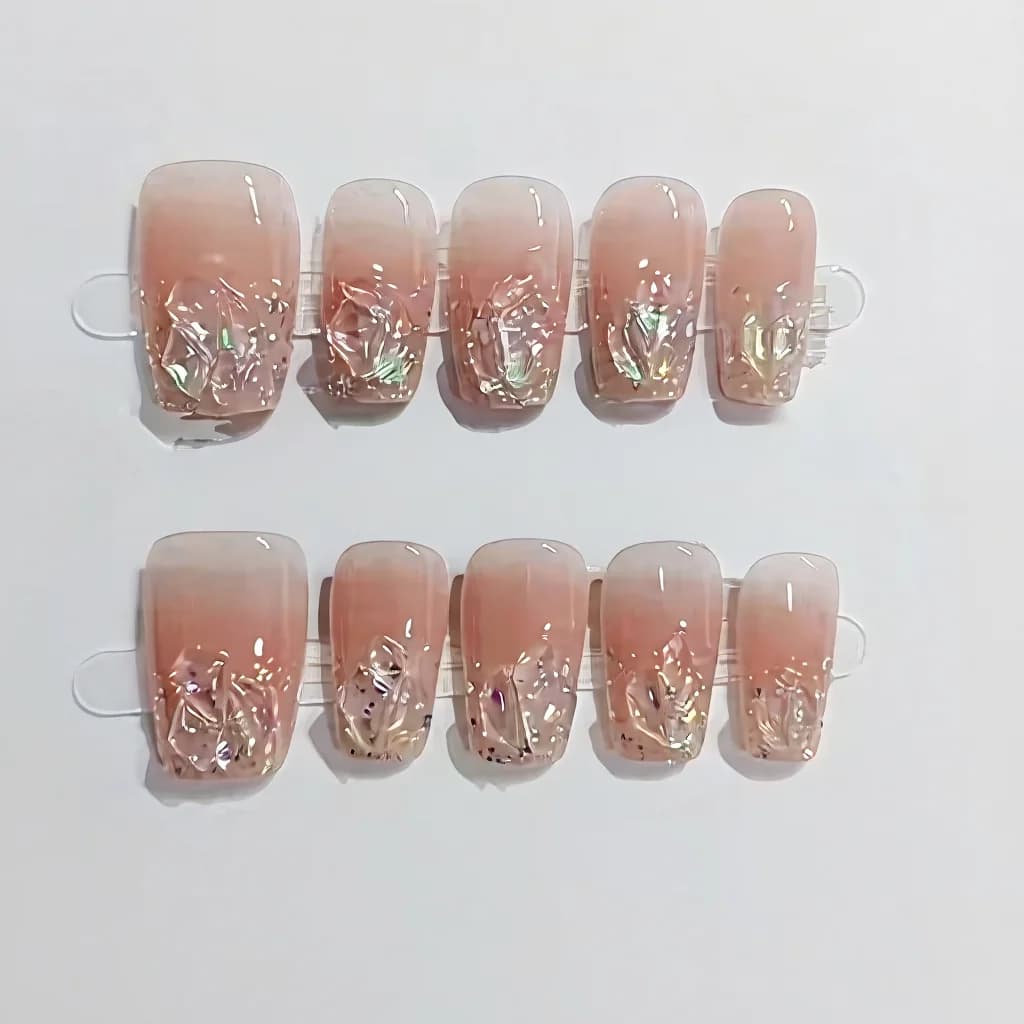 Felragasztható műköröm rövid közepes koporsó forma csillám strassz blush pink szett