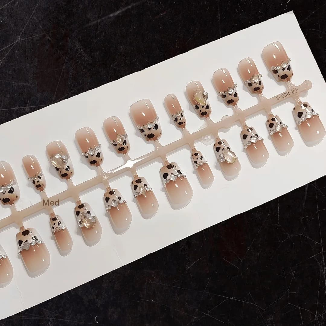 Cheese Leopard Print Press-On Nails with Rhinestones Short Coffin Shape